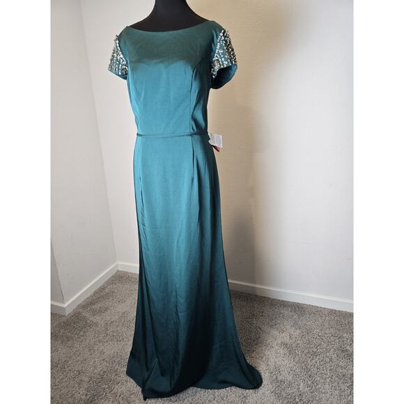 Mac Duggal Bateau Neck Embellished Cap Sleeve Gown #55718 Emerald Green, Sz 10 - Picture 5 of 16